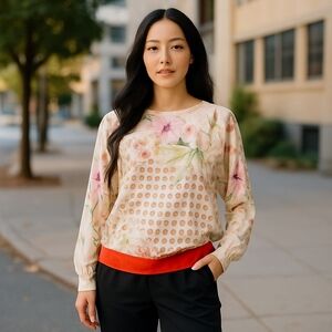 Anthropologie Tonny Floral Long Sleeve Blouse Cream Lilly